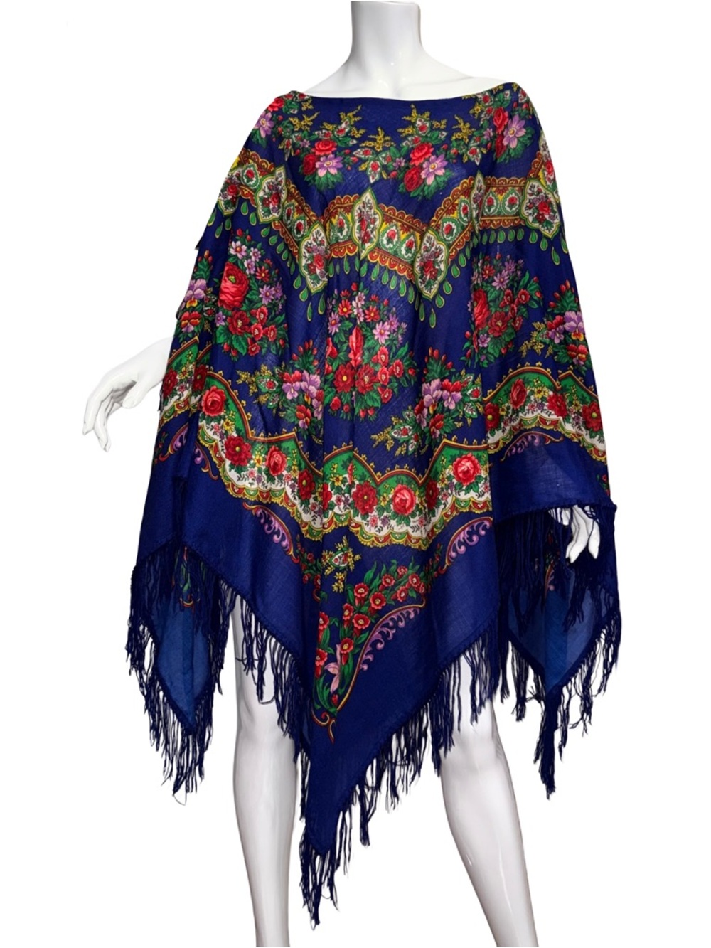 💖 Blue Floral Fringe Poncho Boho Festival Retro Hippie Maximalist